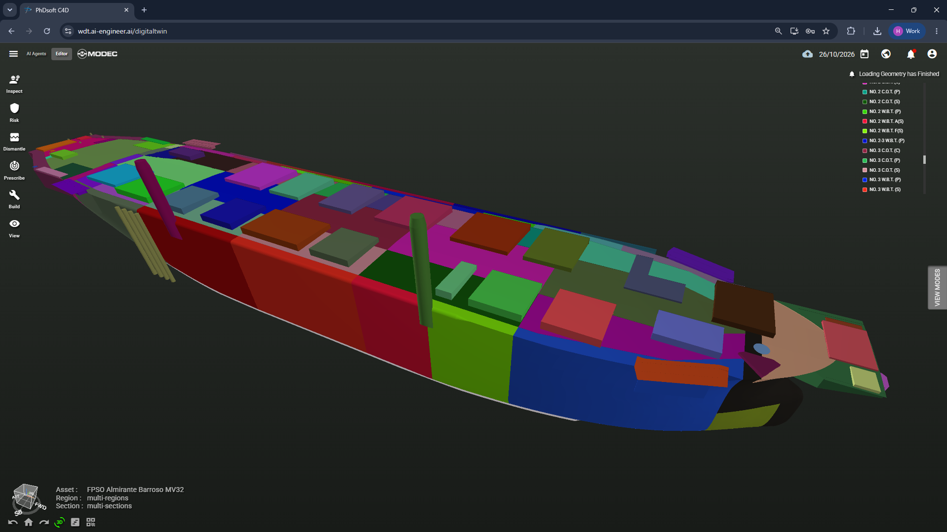 Modèle complet du FPSO Almirante Barroso, MV32, dans Web Digital Twin, avec les compartiments identifiés par couleur.