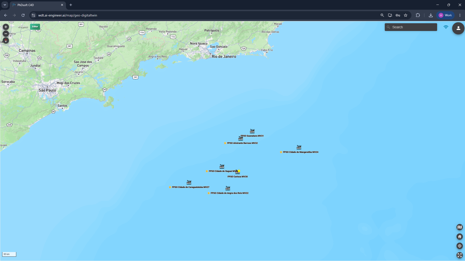 Carte dans Web Digital Twin présentant les unités offshore MV22, MV24, MV26, MV27, MV30, MV31 et MV32 de MODEC Brésil.