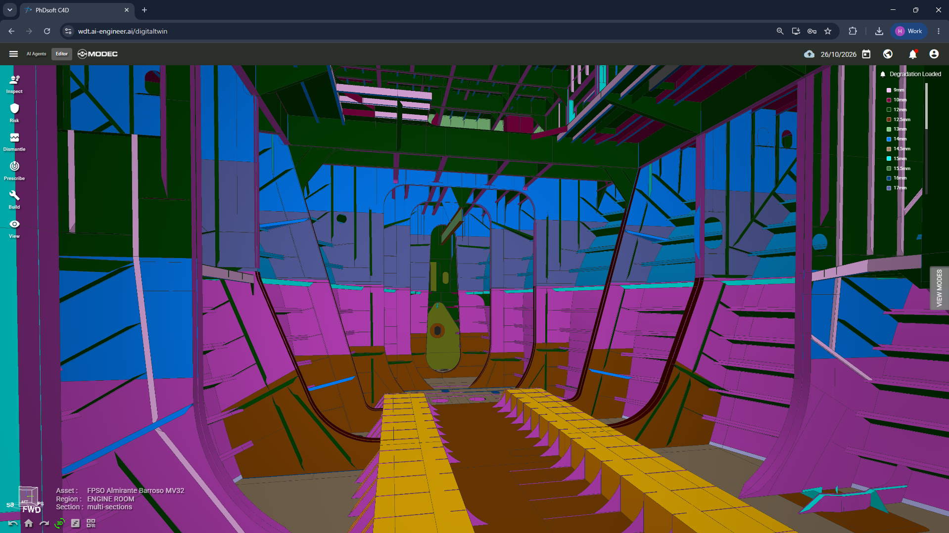 Vue interne de la région ENGINE ROOM de la MV32 dans Web Digital Twin, avec les éléments structuraux colorés selon les épaisseurs indiquées dans la légende.
