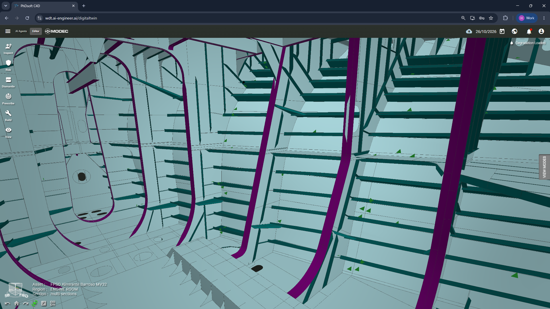 Région ENGINE ROOM de la MV32 avec des marqueurs verts d'inspection associés aux éléments du modèle dans Web Digital Twin.