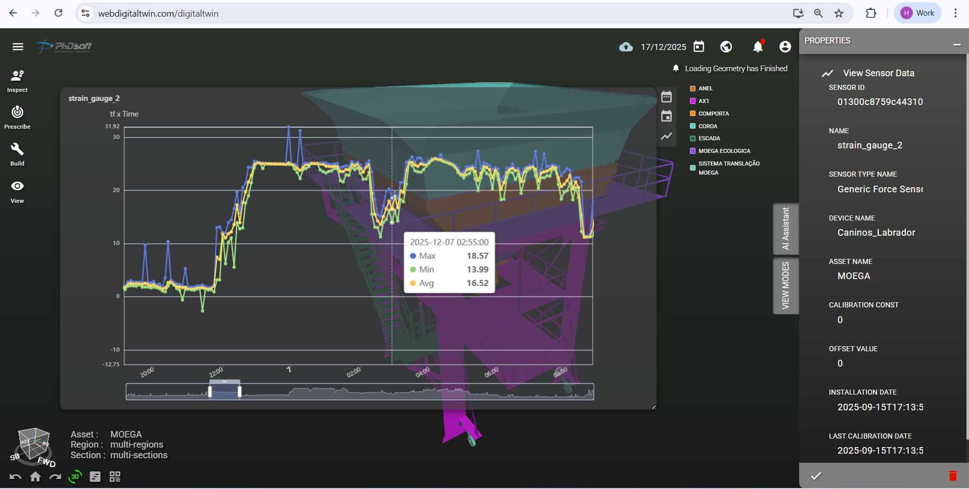Time series from hopper sensors displayed over its 3D model in Web Digital Twin.