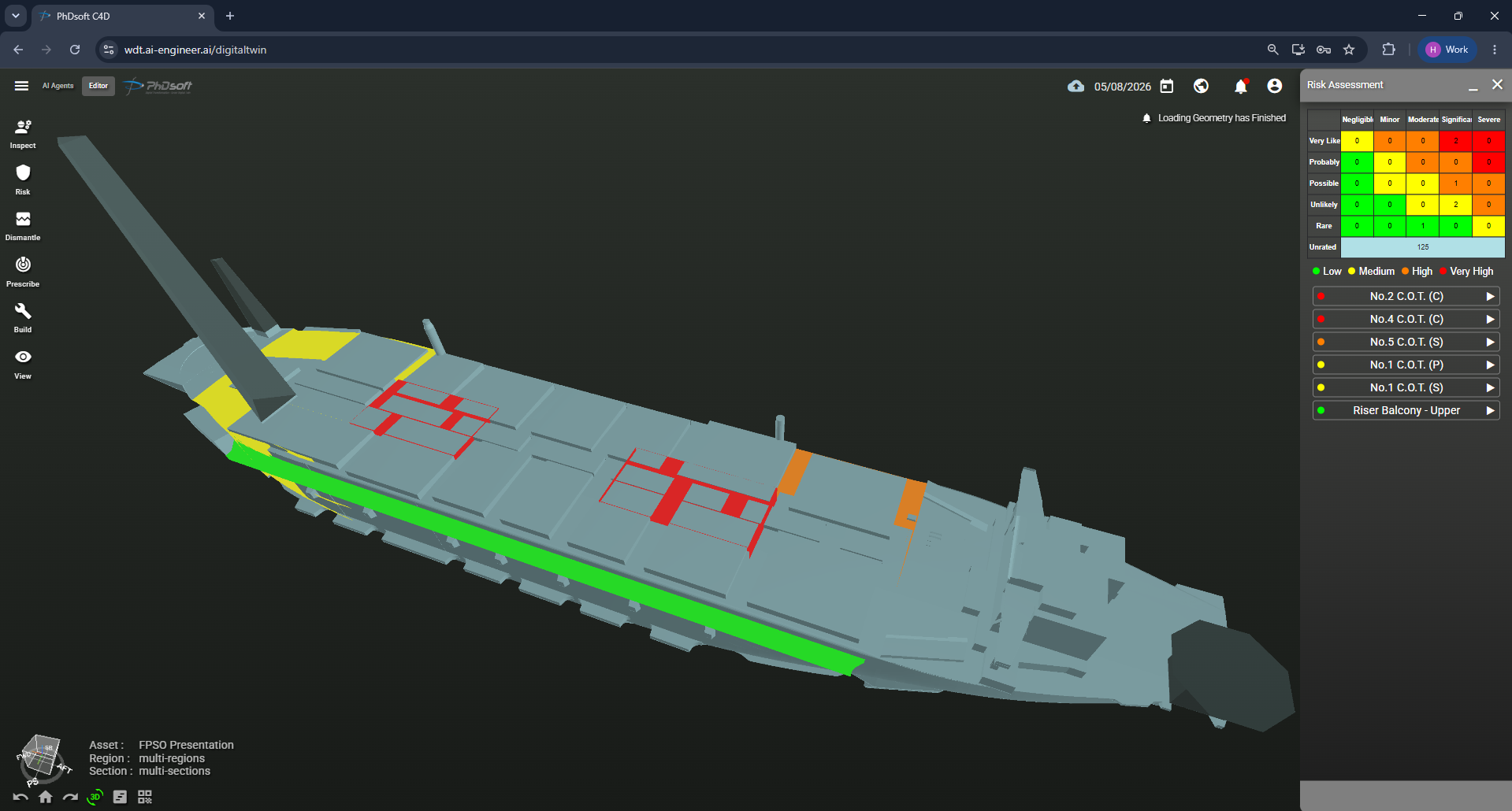 3D-Modell eines FPSO im Web Digital Twin, mit farbigen Bereichen und einem Panel zur Risikobewertung.